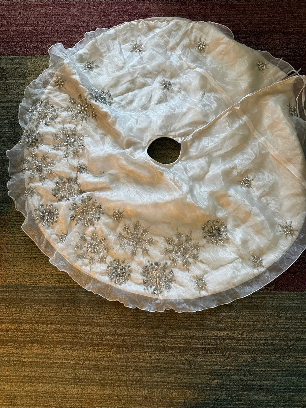Pier 1 pale grey/silver Beaded Tulle Tree Skirt with Snowflake Embellishments